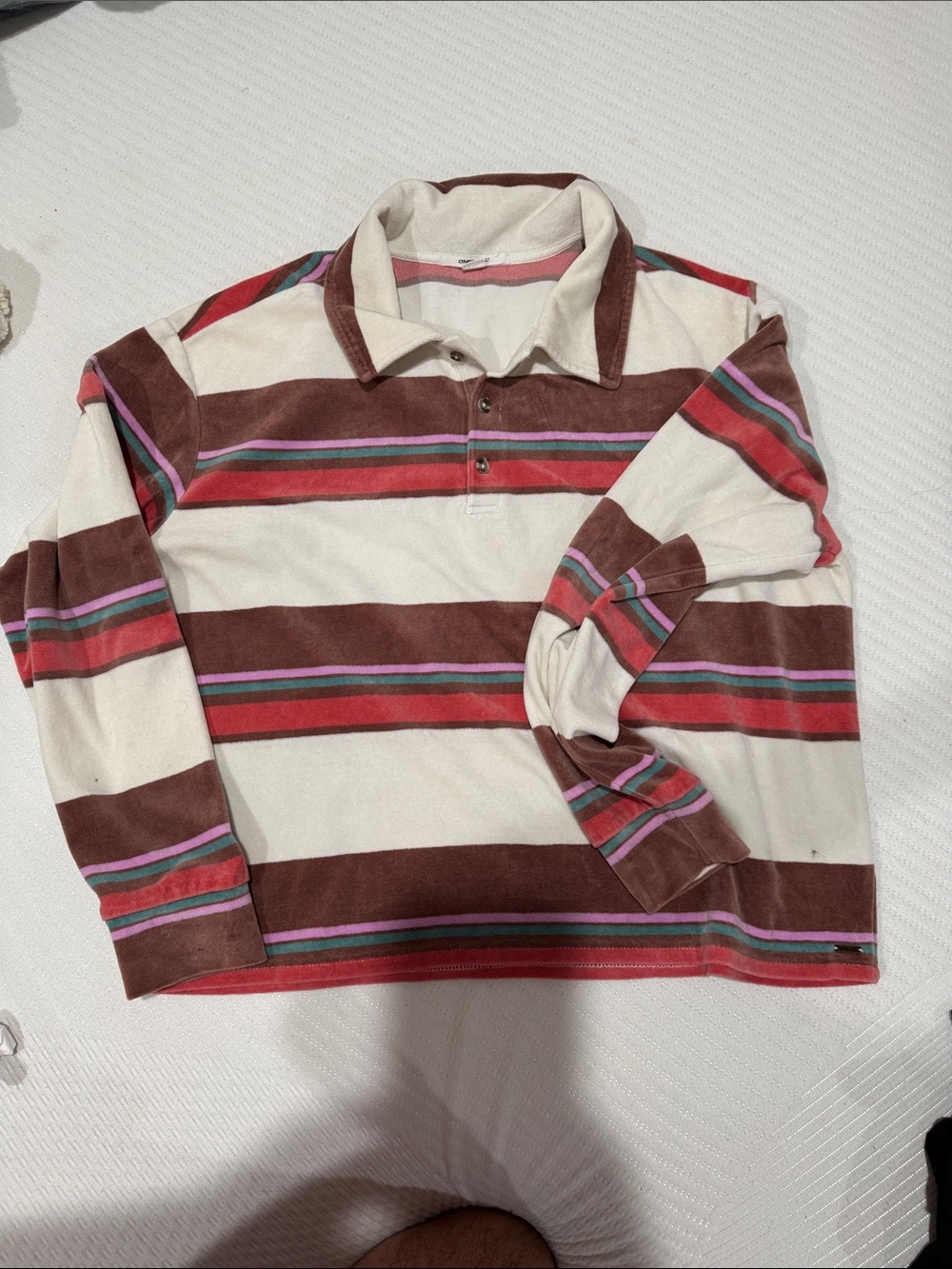 O'Neill Cream & Brown Long-Sleeve Striped Polo with Red & Purple Accents